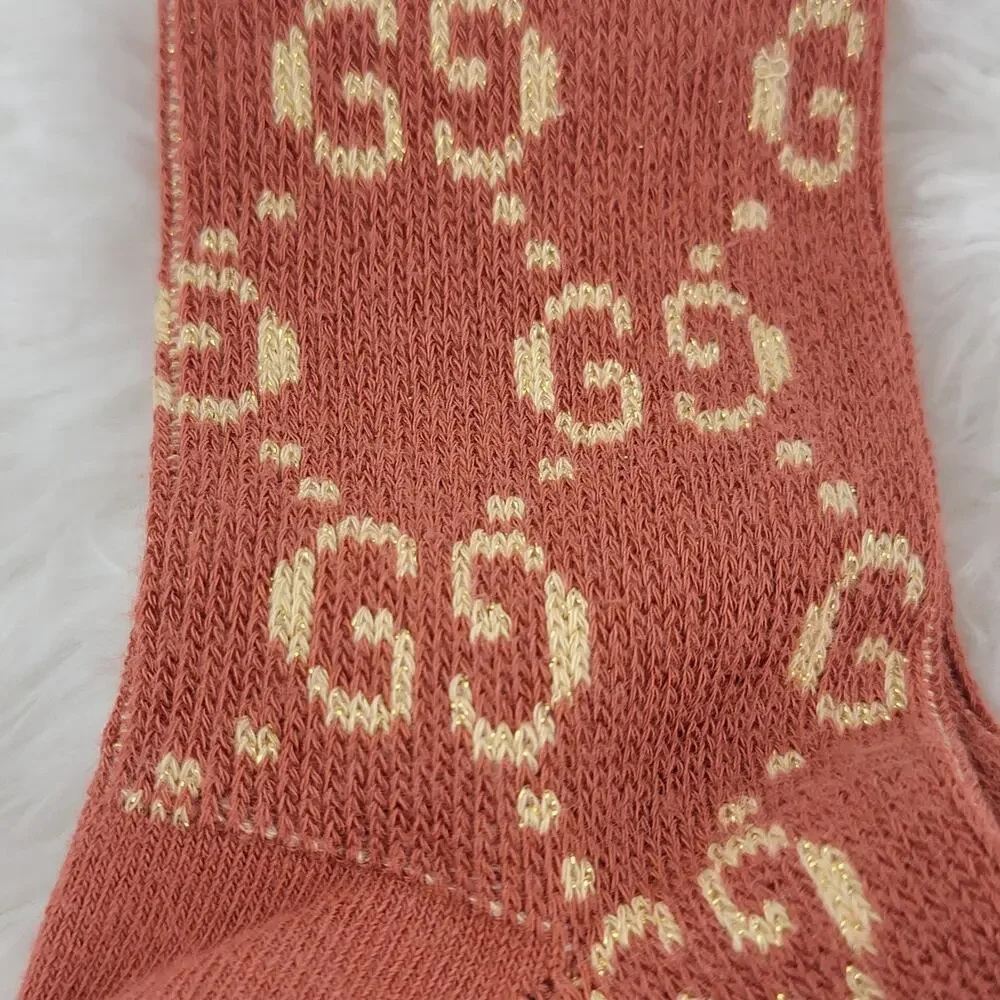 Gucci Crew Socks Unisex GG Logo Metallic 100% Authentic Red Beige Luxury New